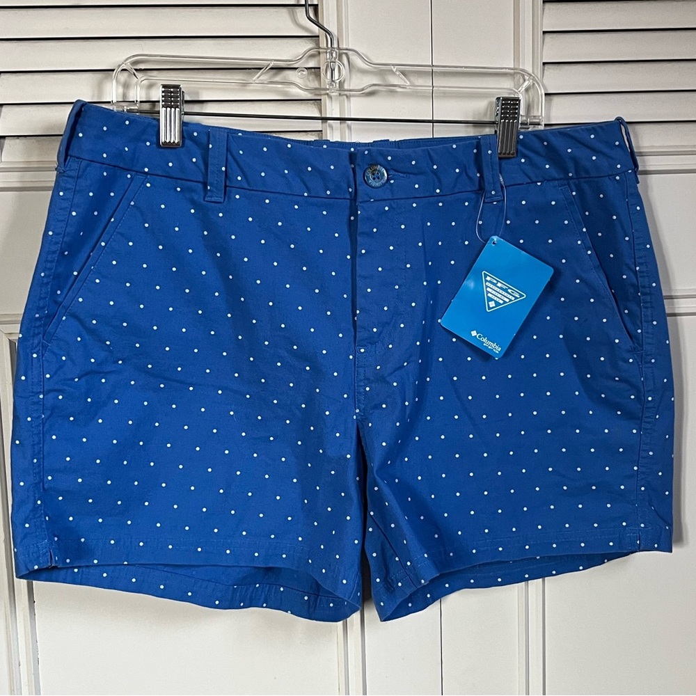 NWT Columbia PFG Shorts. Blue with White Polka Dots Sz 14